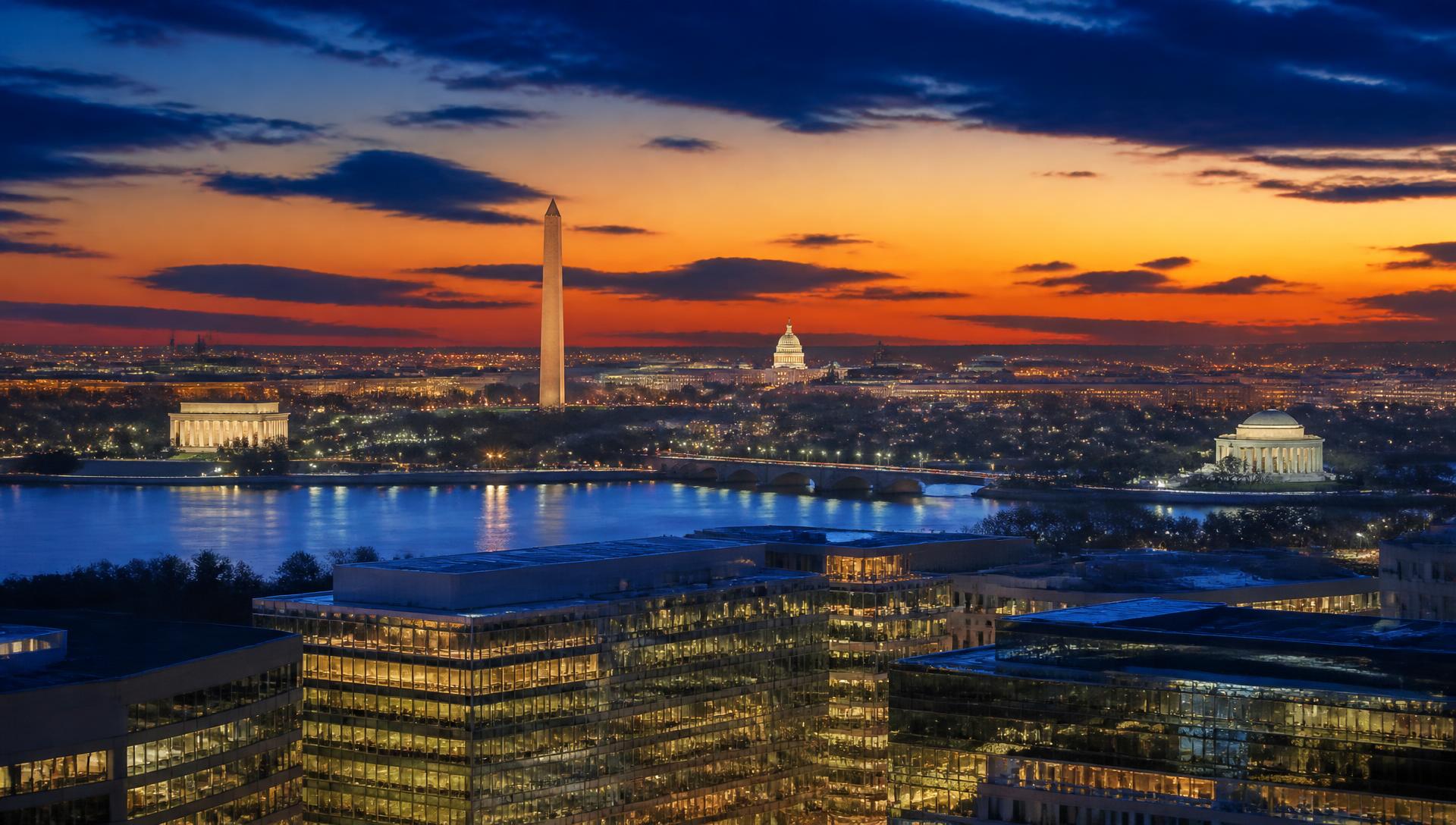 Washington DC skyline at dusk with the Washington Monument, Capitol dome, and Jefferson Memorial